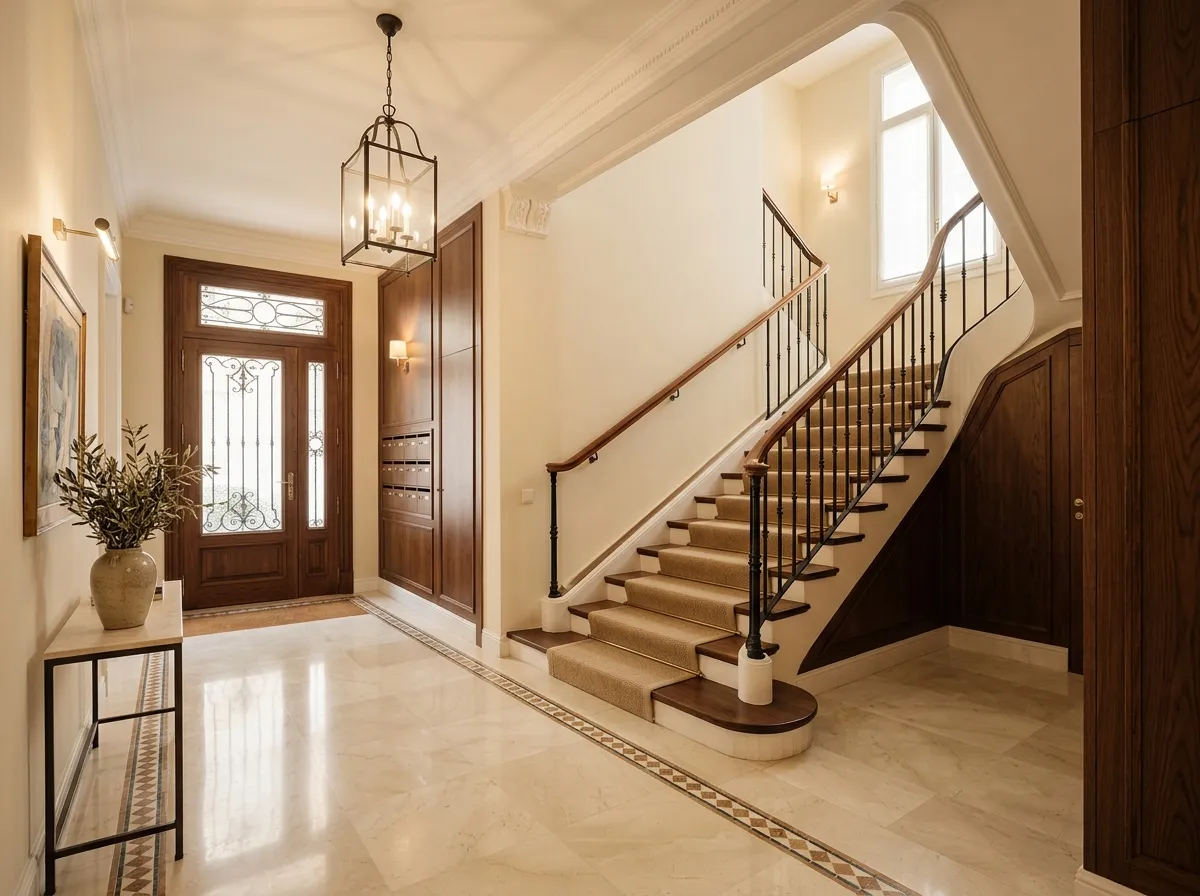 Portal y escalera de un edificio residencial bien mantenido